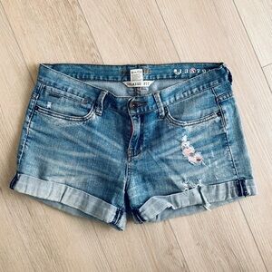 Billabong Women's Distressed Blue Denim Shorts with Pink Embroidery